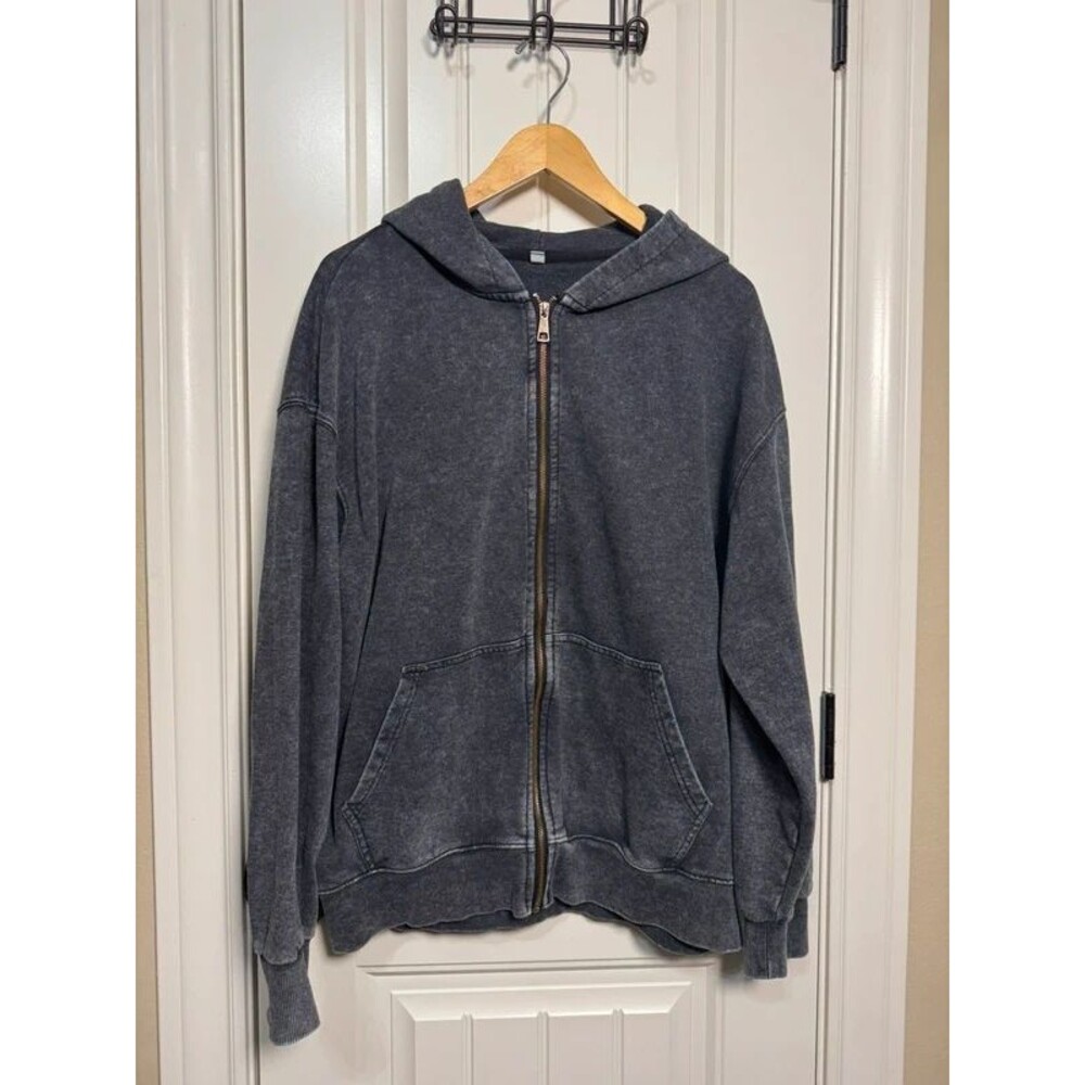 Hoodie Acid Wash Y2K Full Zip Gray Charcoal Oversized Streetwear Medium